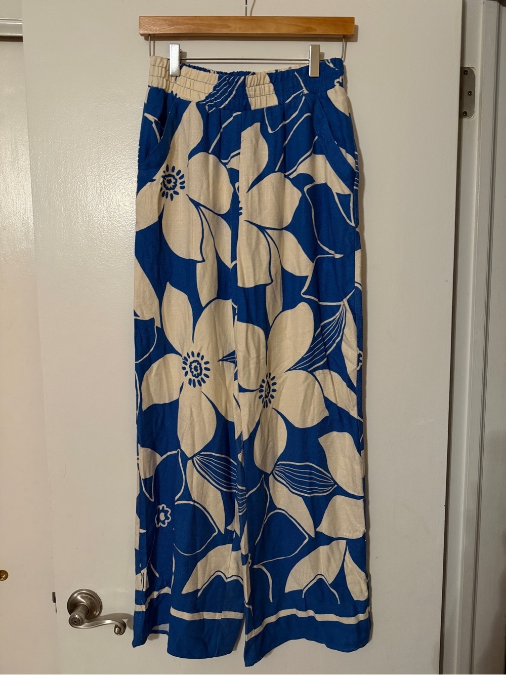 NWT Sienna Sky Blue Floral Wide Leg Pants Rayon Linen Women Size Small